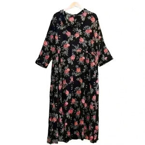 🌈 6/$60 Ellos Long Sleeve Button Front Opening Red Roses Black Maxi Dress 28